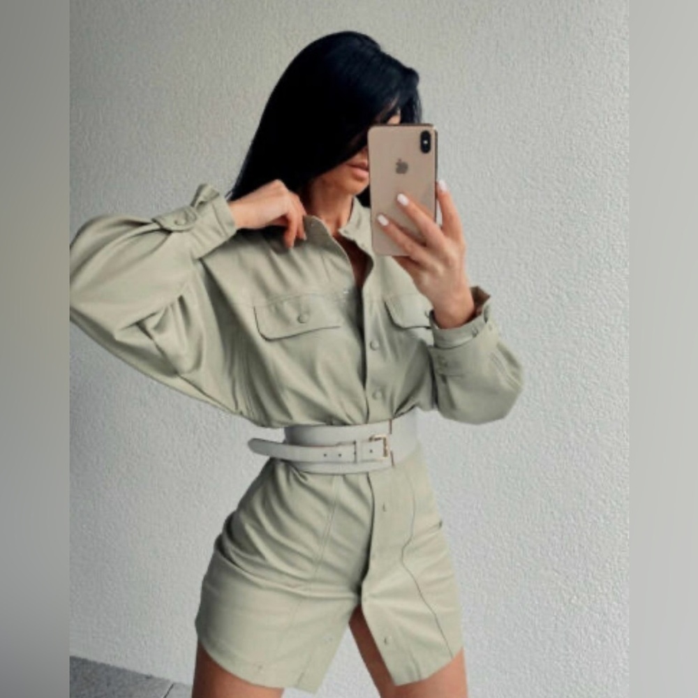Zara Faux Leather Shirt Dress Snap Buttons Light Green 2712/326 Bloggers Size L